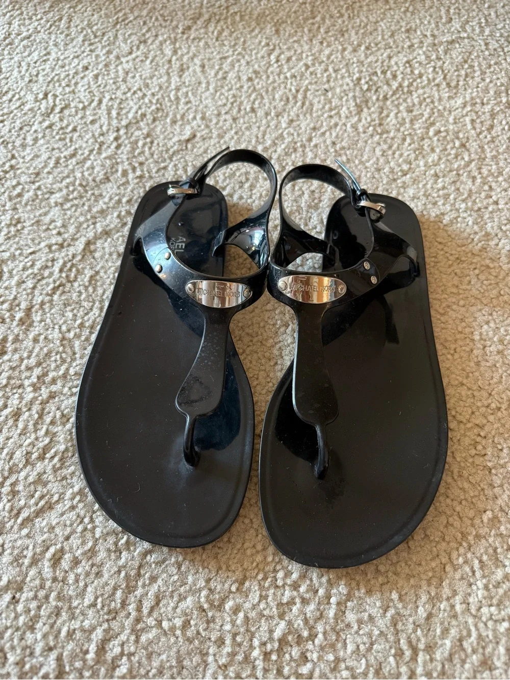 Michael Kors Black Jelly T-Strap Sandals with Logo Plaque